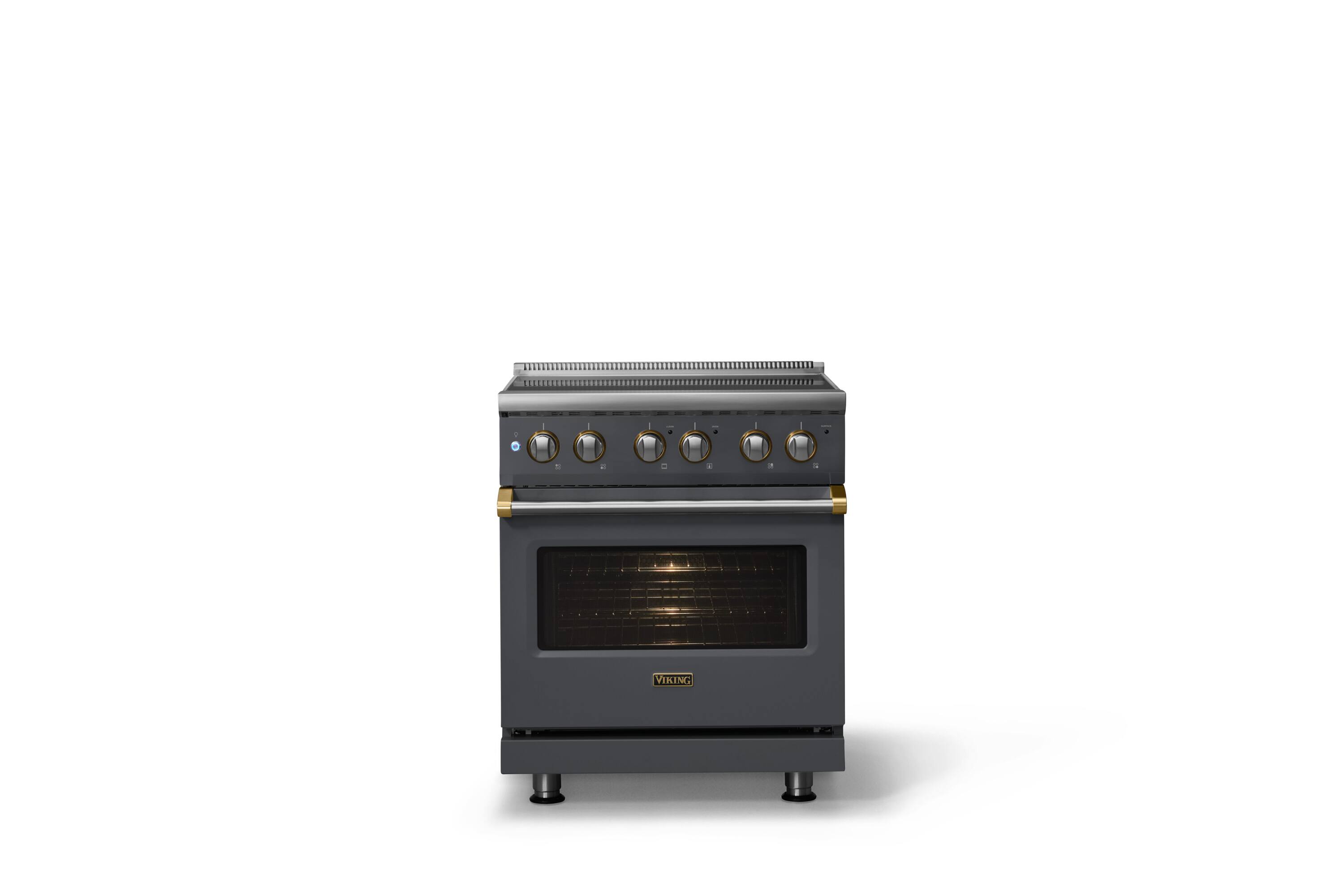 Alt View 2. Viking - 30 in. Wide 4 Elements Pro 5 Series 4.7 Cu.Ft. Freestanding Electric Convection Range - Cast Black w. Brushed Brass Trim - Cast Black.