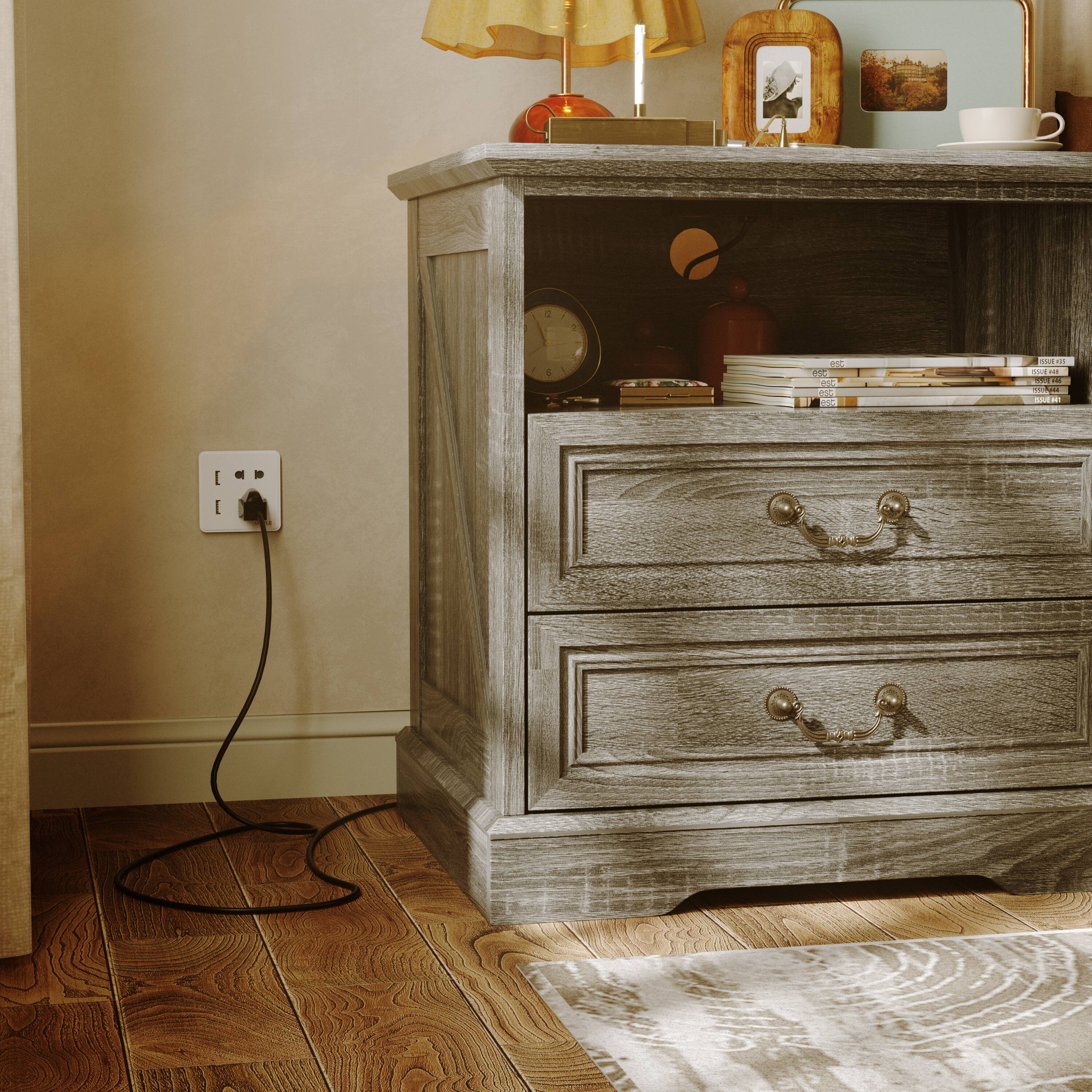 Alt View 3. Famapy - Farmhouse 2-Drawer Nightstand with Charging Station & Open Shelf, Rustic Bedside Table for Bedroom Furniture - Gray.