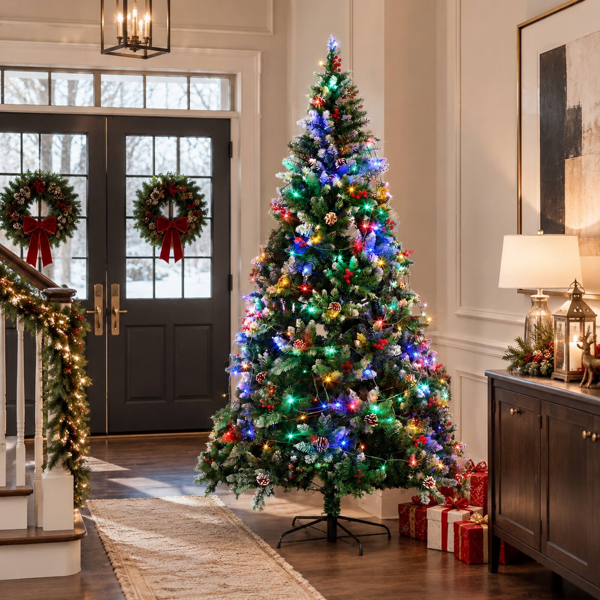 Alt View 2. RYHNUYNE - 7.5FT Pre-Lit Artificial Christmas Tree With 200 LED Lights and 1358 Tips, Green Metal Hinges and Foldable Base - Army Green.