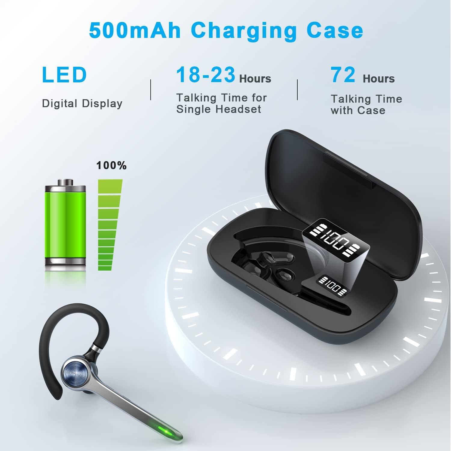 500mAh Charging Case

LED Digital Display

18-23 Hours Talking Time for Single Headset

72 Hours Talking Time with Case