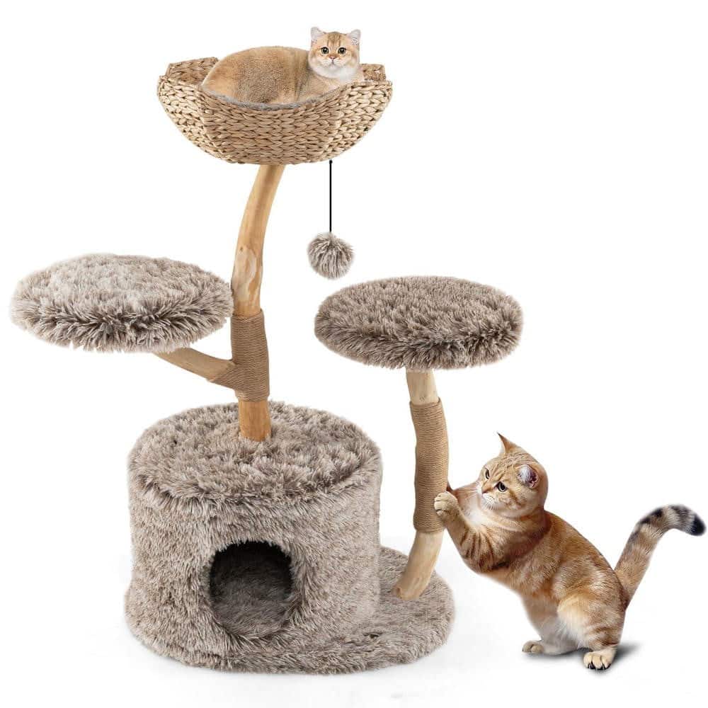 Kadyn - Solid Pear Wood Cat Tree with Perch and Sisal Scratching Posts - Brown