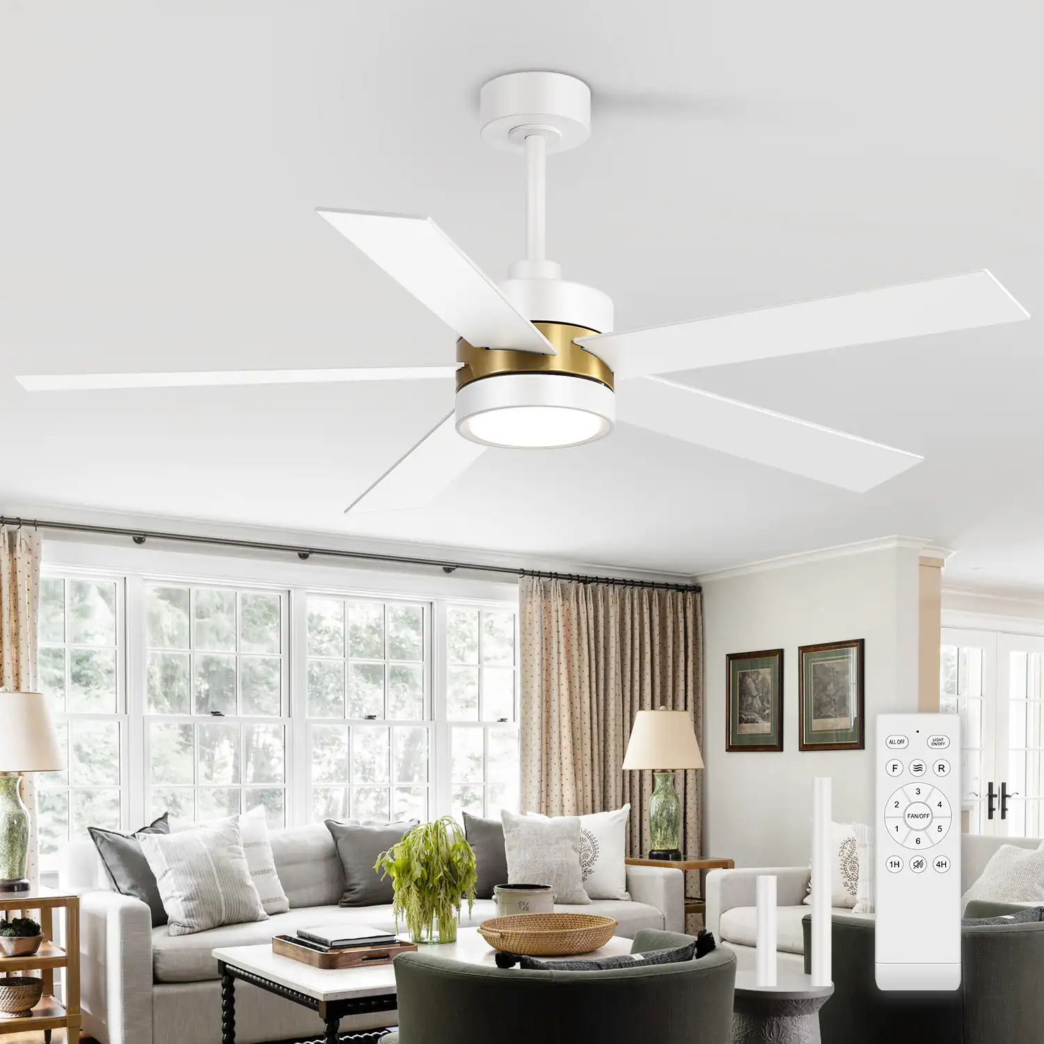 Breezary - 52-In Indoor Ceiling Fan with Led Light, 5 Plywood Blades, 6-Speed DC Motor, Remote, Timer with Memory, 5/10'' Downrods - White and Gold
