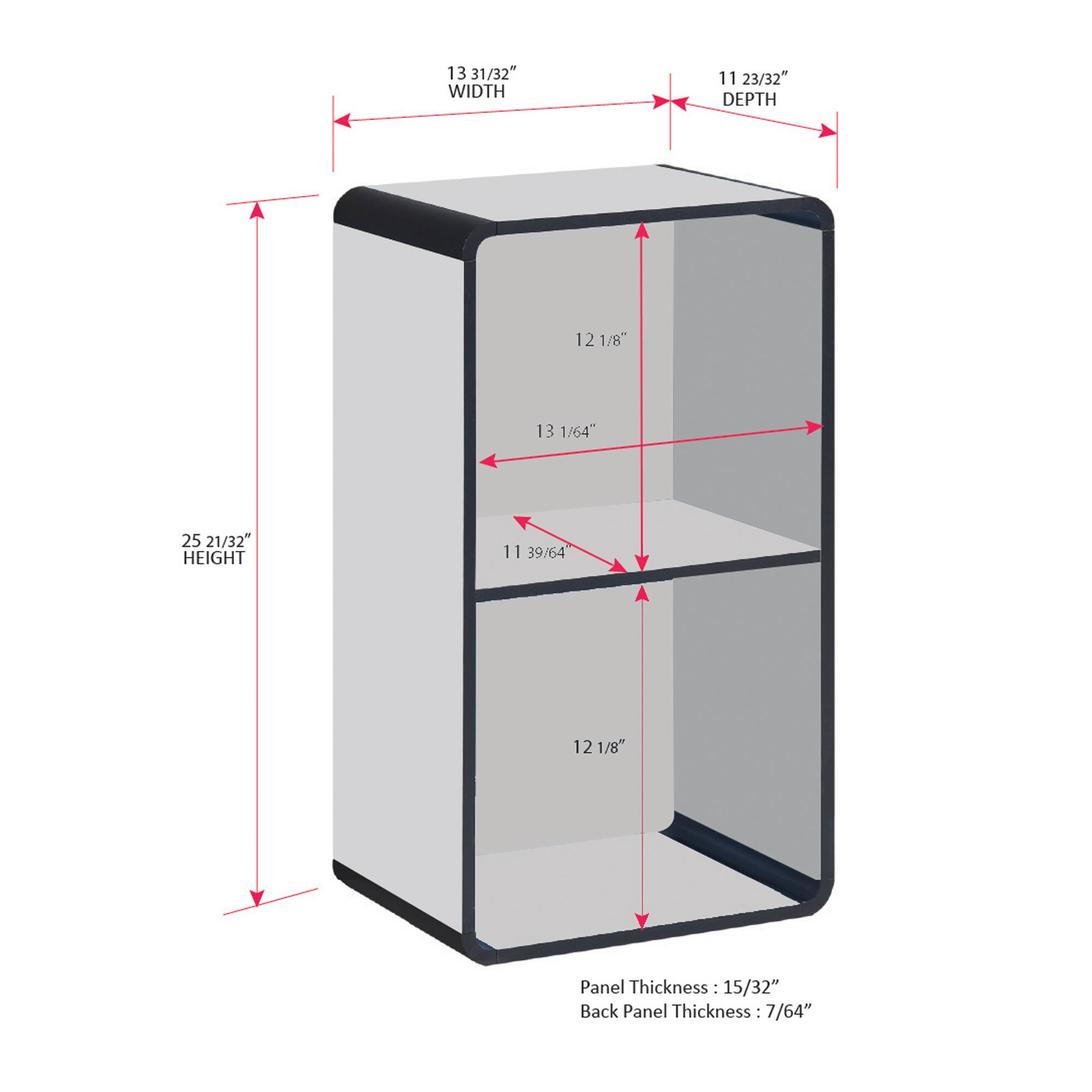 13 31/32" WIDTH  
11 23/32" DEPTH  
12 1/8"  
13 1/64"  
25 21/32" HEIGHT  
11 39/64"  
12 1/8"  

Panel Thickness: 15/32"  
Back Panel Thickness: 7/64"