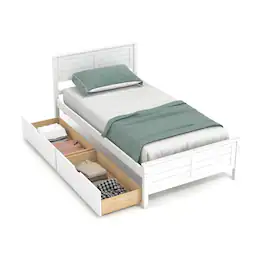 SlickBlue - Platform Bed Frame with Built-In Storage Drawers for Bedroom Organization - White