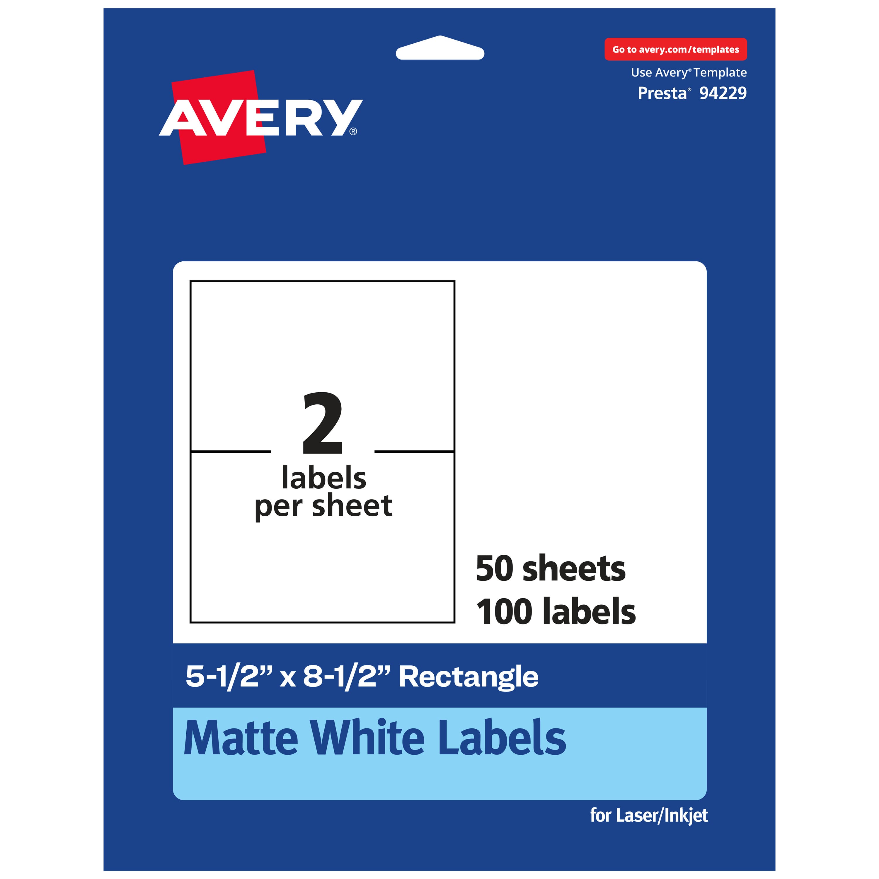 Avery - Matte Rectangle Labels, 5-1/2" x 8-1/2", 100 Total - White