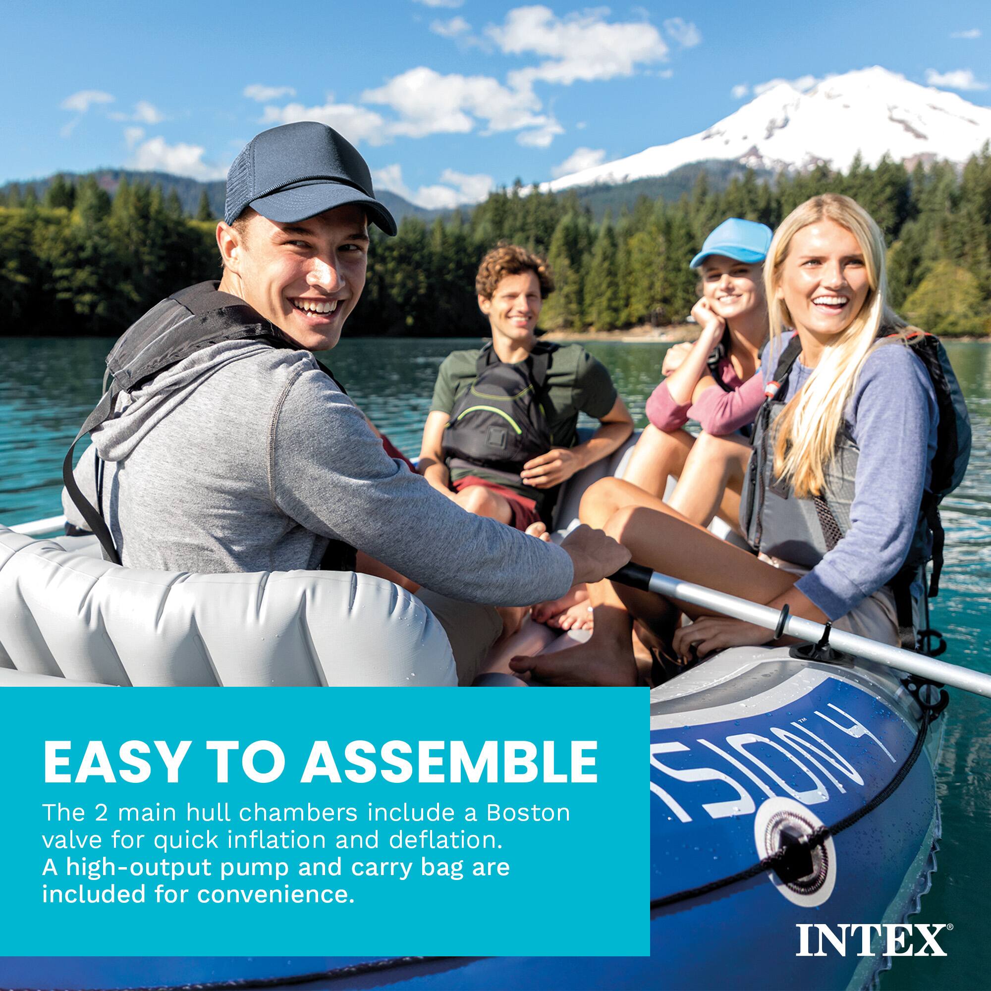 EASY TO ASSEMBLE  
The 2 main hull chambers include a Boston valve for quick inflation and deflation. A high-output pump and carry bag are included for convenience.  

INTEX