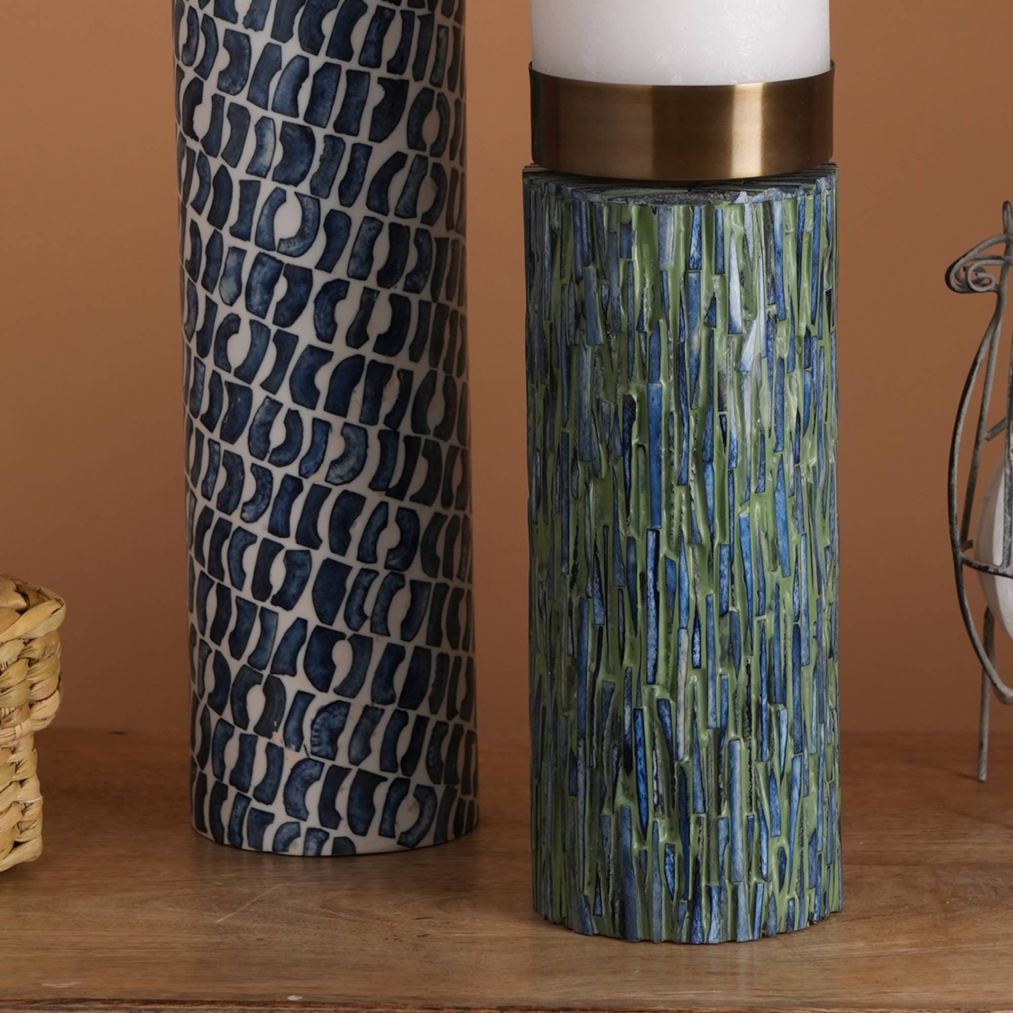 Alt View 1. TinyHomie - Elegant Handcrafted Candle Stand Blue Bone White Resin Inlay Brass Top 4X155.