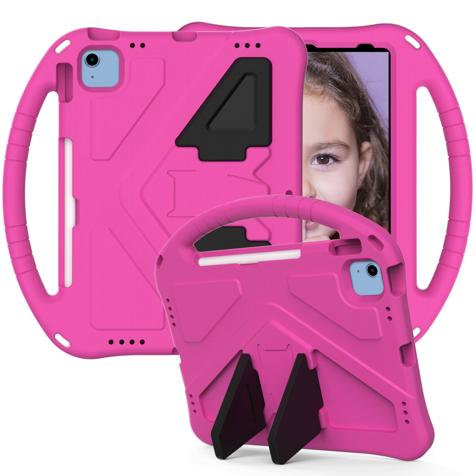The image shows a pink phone case with a cutout for the camera and a handle.
