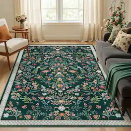 Yardgrace - 5' x 7' ft Washable Farmhouse Floral Area Rug with Non-Slip for Bedroom Nursery Living Room Decor - Green
