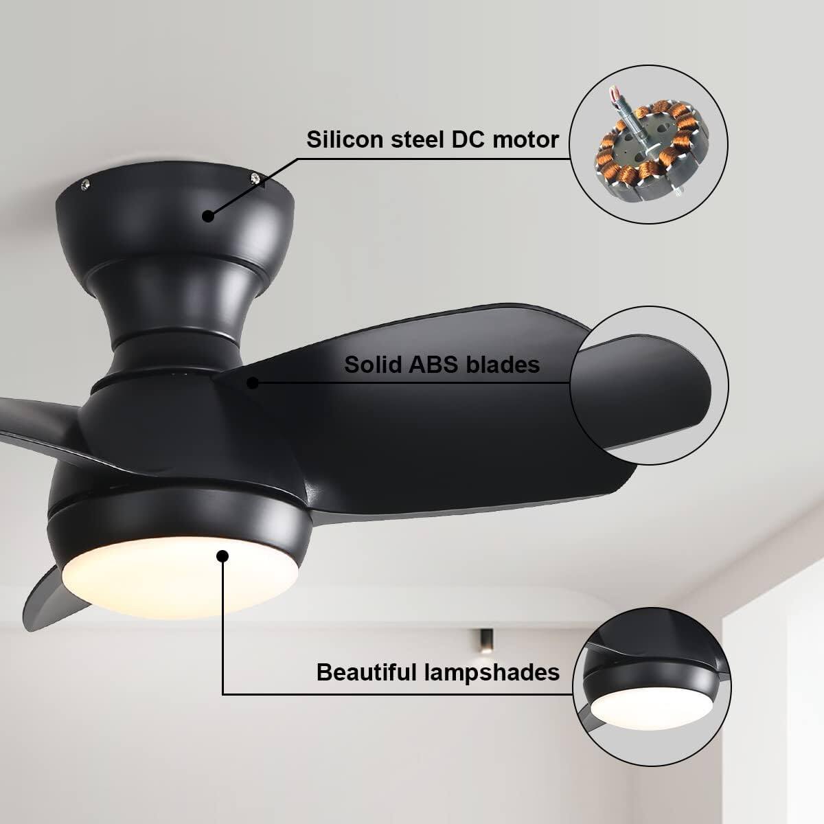 Silicon steel DC motor  
Solid ABS blades  
Beautiful lampshades