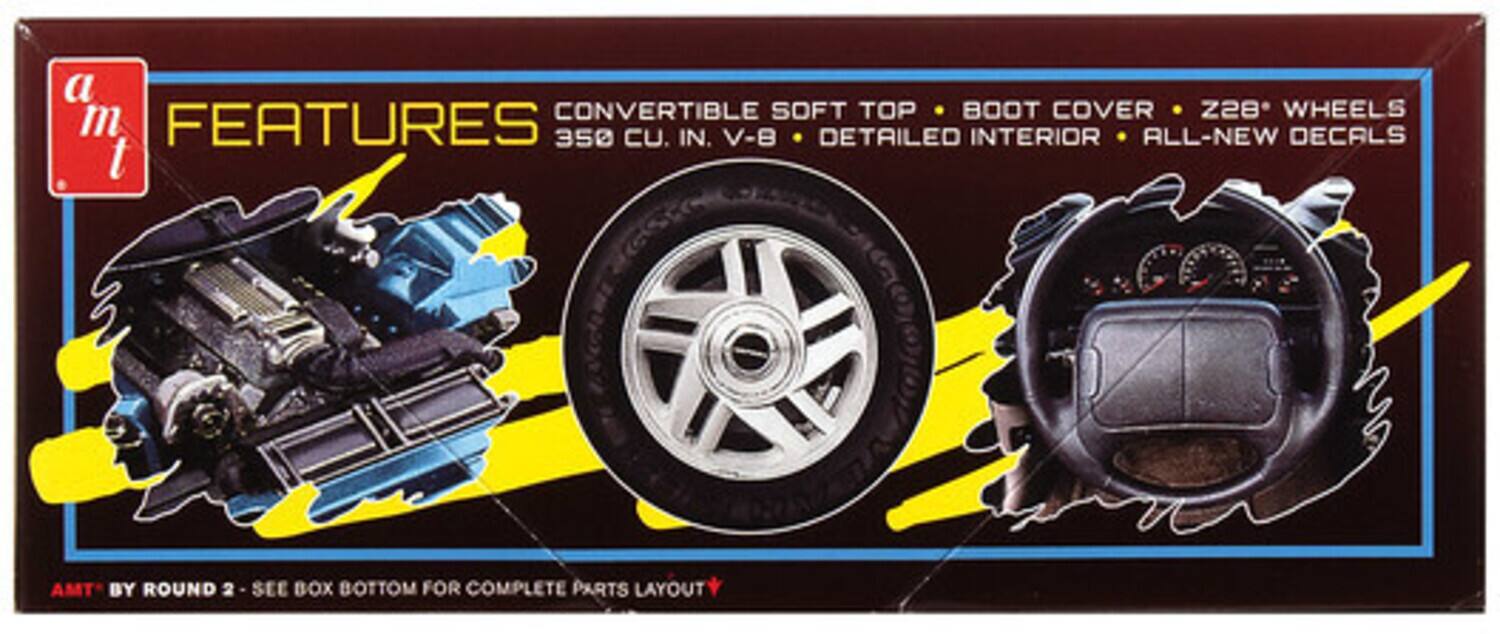 a CONVERTIBLE SOFT TOP BOOT COVER Z28* WHEELS FEATURES 350 CU. IN. V-8 DETAILED INTERIOR ALL-NEW DECALS AMT BY ROUND 2 - SEE BOX BOTTOM FOR COMPLETE PARTS LAYOUT