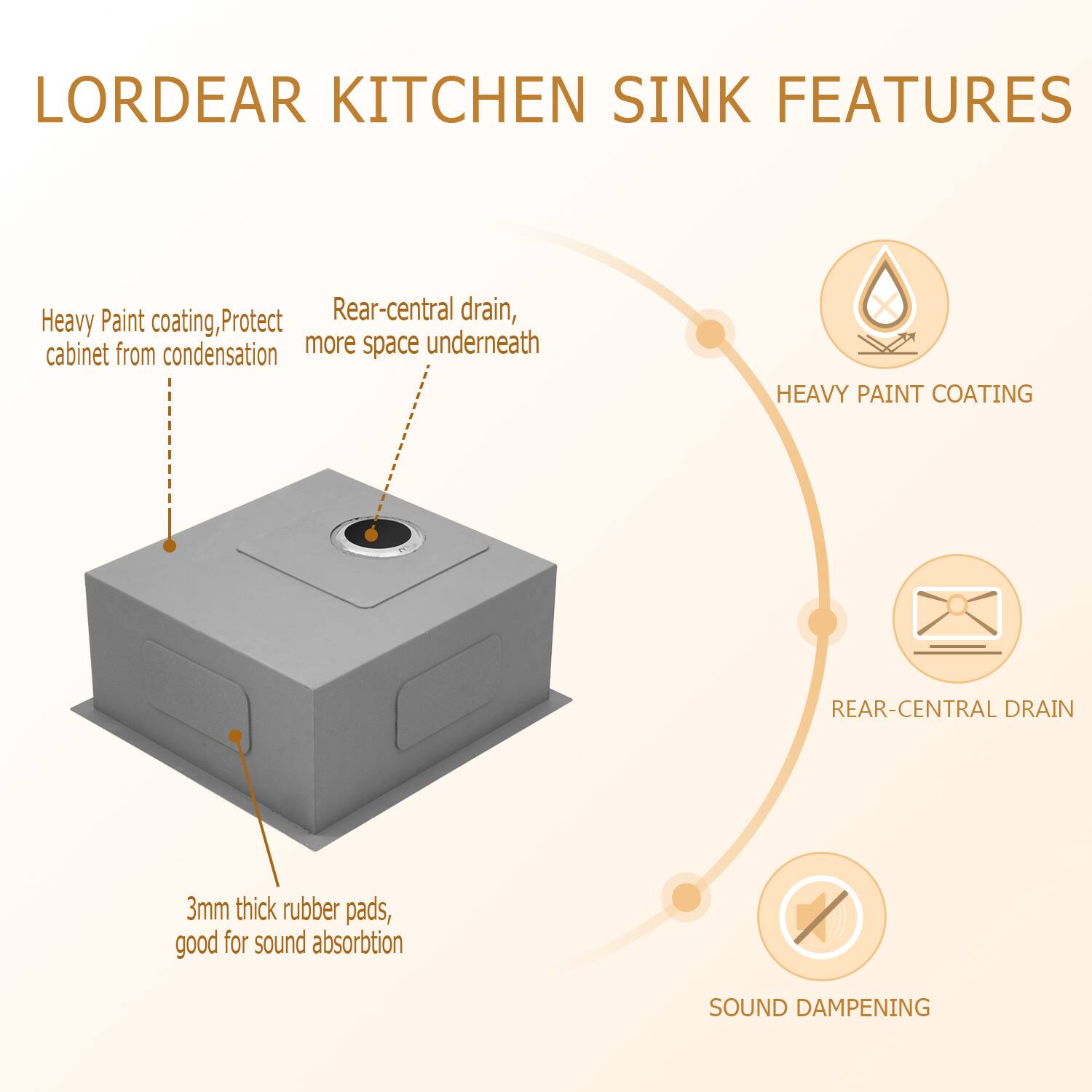 LORDEAR KITCHEN SINK FEATURES

Paint
Rear-central drain
Heavy coating
Protect cabinet from condensation
more space underneath

HEAVY PAINT COATING
REAR-CENTRAL DRAIN
3mm thick rubber pads, good for sound absorbtion
SOUND DAMPENING