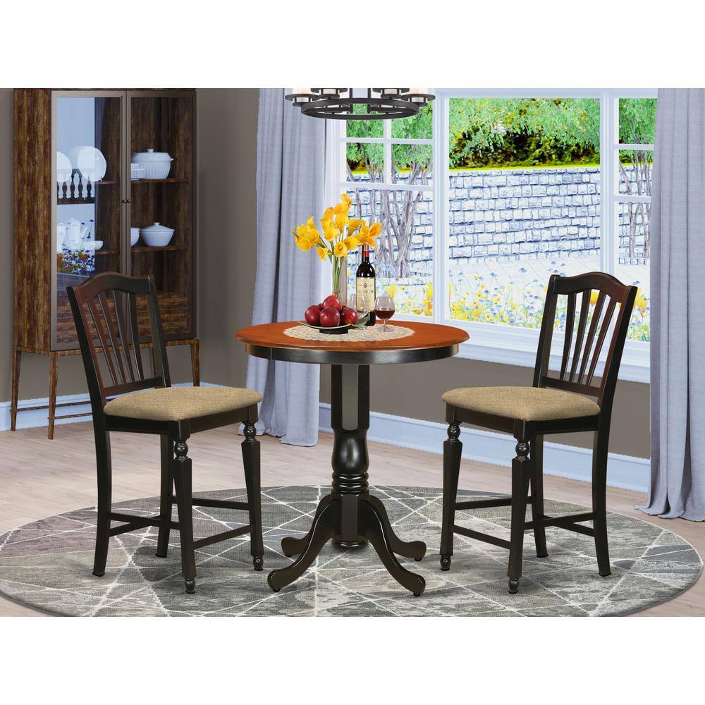 Left. East West Furniture - EDCH3-BLK-C 3 Pc counter height pub set - counter height Table and 2 Dining Chairs. - Black & Cherry.