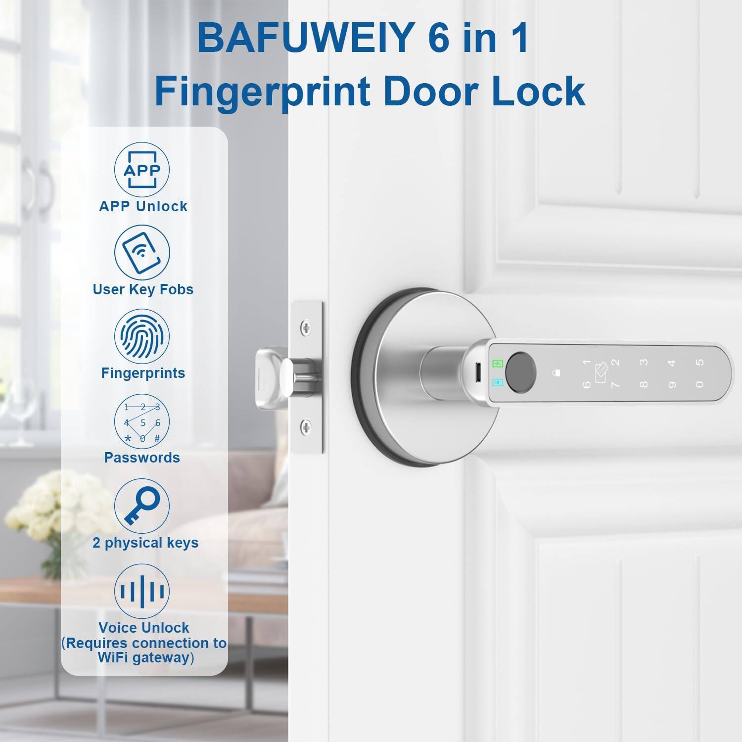 BAFUWEIY 6 in 1 Fingerprint Door Lock

- APP Unlock
- User Key Fobs
- Fingerprints
- Passwords
- 2 physical keys
- Voice Unlock (Requires connection to WiFi gateway)