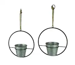 PD Home & Garden - Rustic Metal Black Hoop Indoor Outdoor Hanging Silver Planters Set of 2 11 Inches - Gray