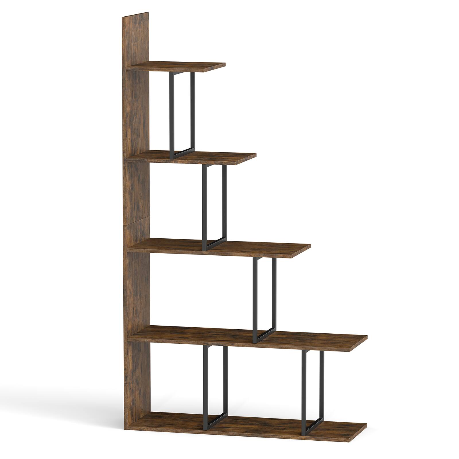 Alt View 9. Costway - Costway 1 PCS 5-Tier Stepped Bookshelf, 62” Tall Ladder Corner Bookcase with Stable Metal Support - Rustic Brown + Black.