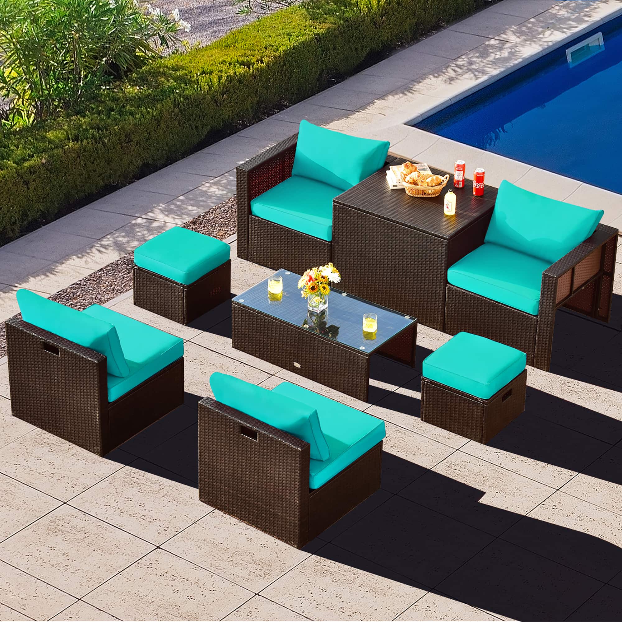 Gymax - 8PCS Patio Rattan PE Wicker Conversation Set All-Weather Furniture Set w/ Cushions - Turquoise
