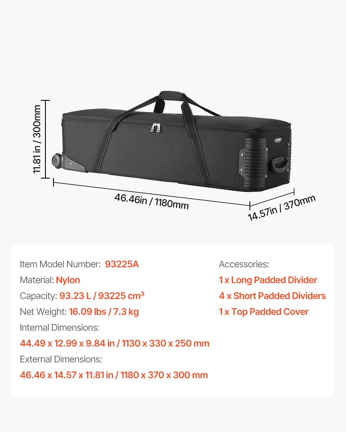 VEVOR Studio Equipment Trolley Case, 46.46 x 14.57 x 11.81 in