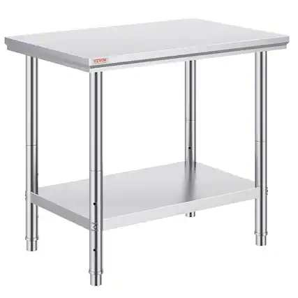 Front. VEVOR - Stainless Steel Prep Table, 35 x 24 x 31 Inch, 700 lbs Load Capacity, Heavy Duty Metal Worktable - Silver.