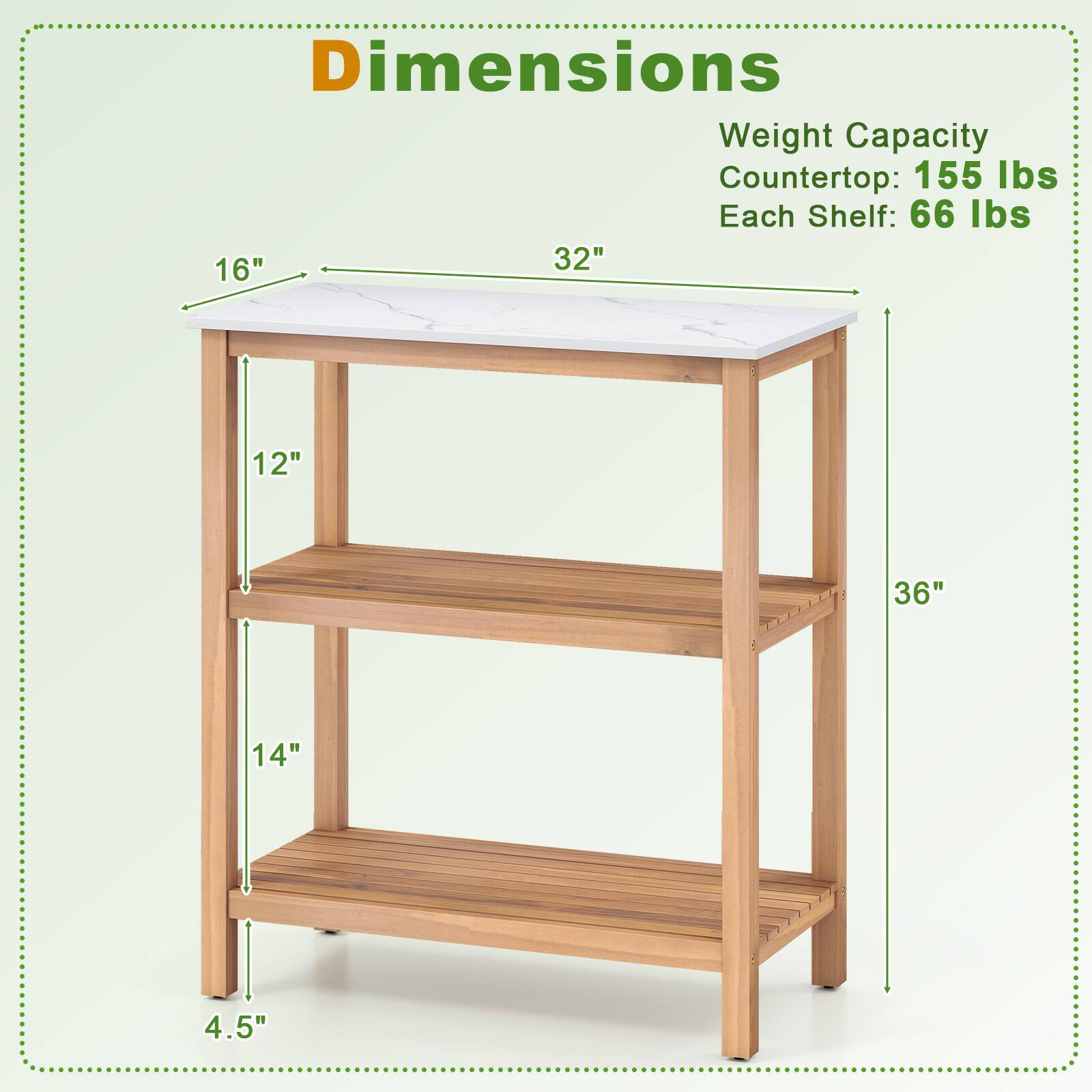 Dimensions  
Weight Capacity  
Countertop: 155 lbs  
Each Shelf: 66 lbs  

16"  
32"  
12"  
36"  
14"  
4.5"