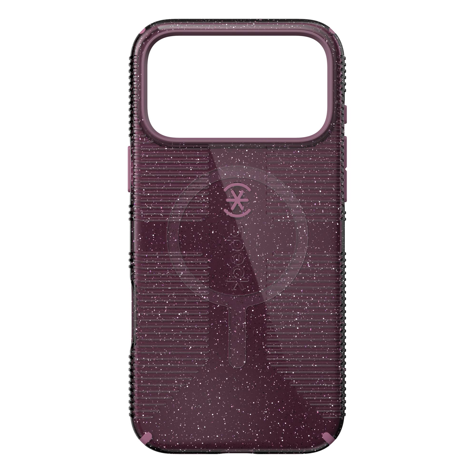 Angle. Speck - iPhone 17 ProMax CANDYSHELL GRIP + MS - Plumberry Glitter.