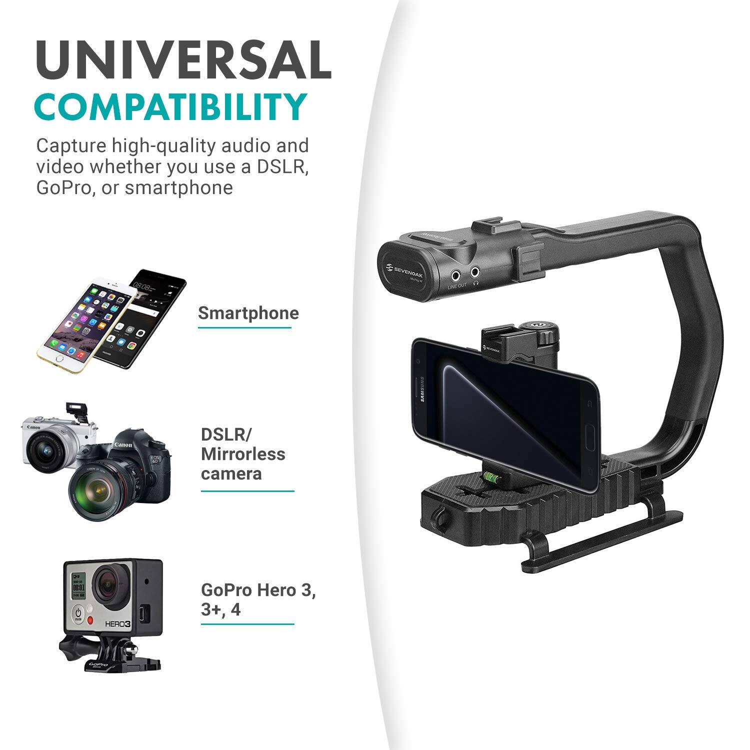 UNIVERSAL COMPATIBILITY  
Capture high-quality audio and video whether you use a DSLR, GoPro, or smartphone

- Smartphone
- DSLR/ Mirrorless camera
- GoPro Hero 3, 3+, 4