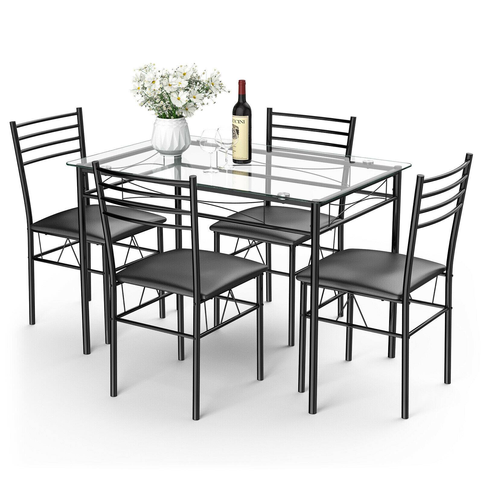 Front. Ecooso - 5 Piece Dining Set with Tempered Glass Top Table and 4 Upholstered Chairs - Black.