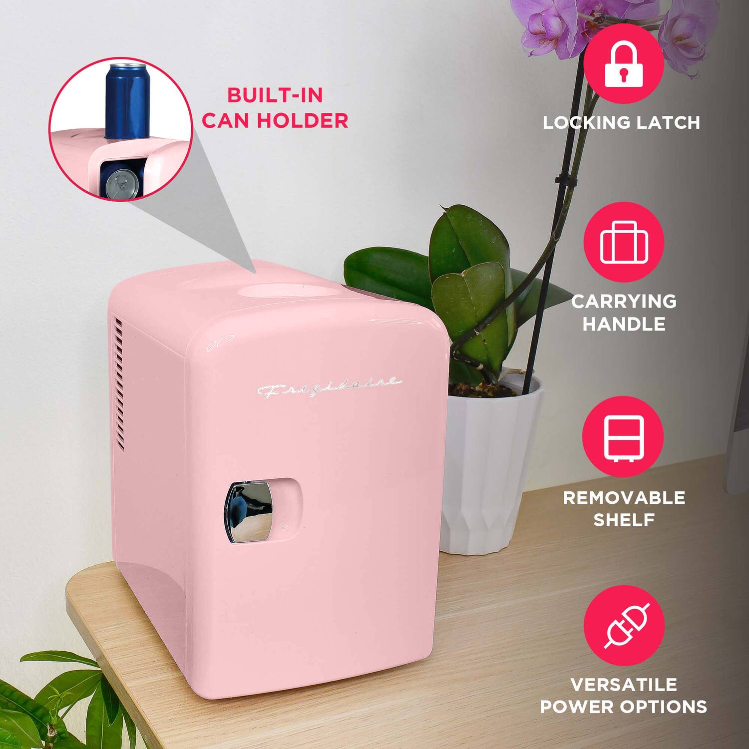 BUILT-IN CAN HOLDER  
LOCKING LATCH  
CARRYING HANDLE  
Fridgebass  
REMOVABLE SHELF  
VERSATILE POWER OPTIONS