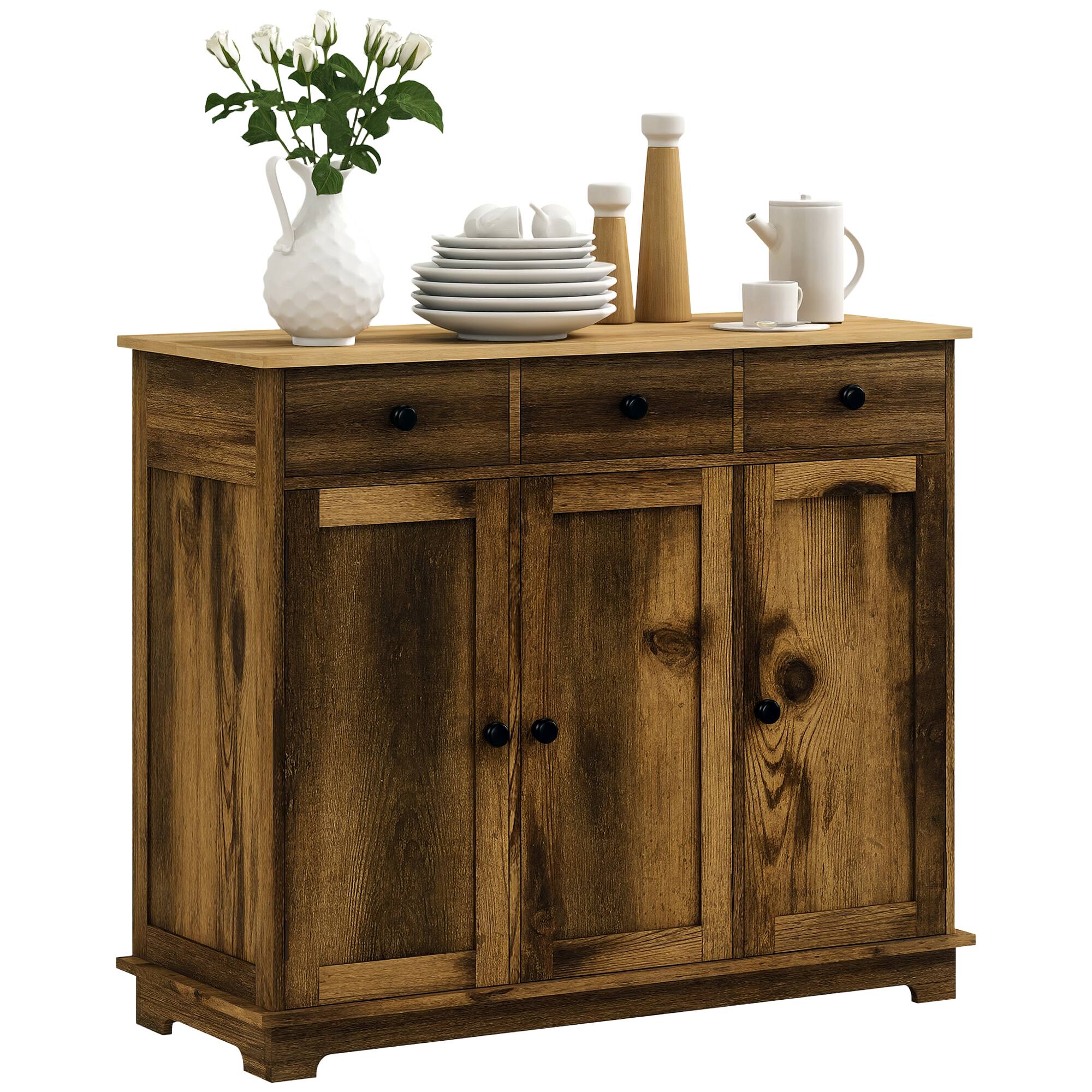 Homcom - Storage Cabinet, Sideboard Floor Cupboard with Solid Wood Top, Adjustable Shelf - Rustic Brown