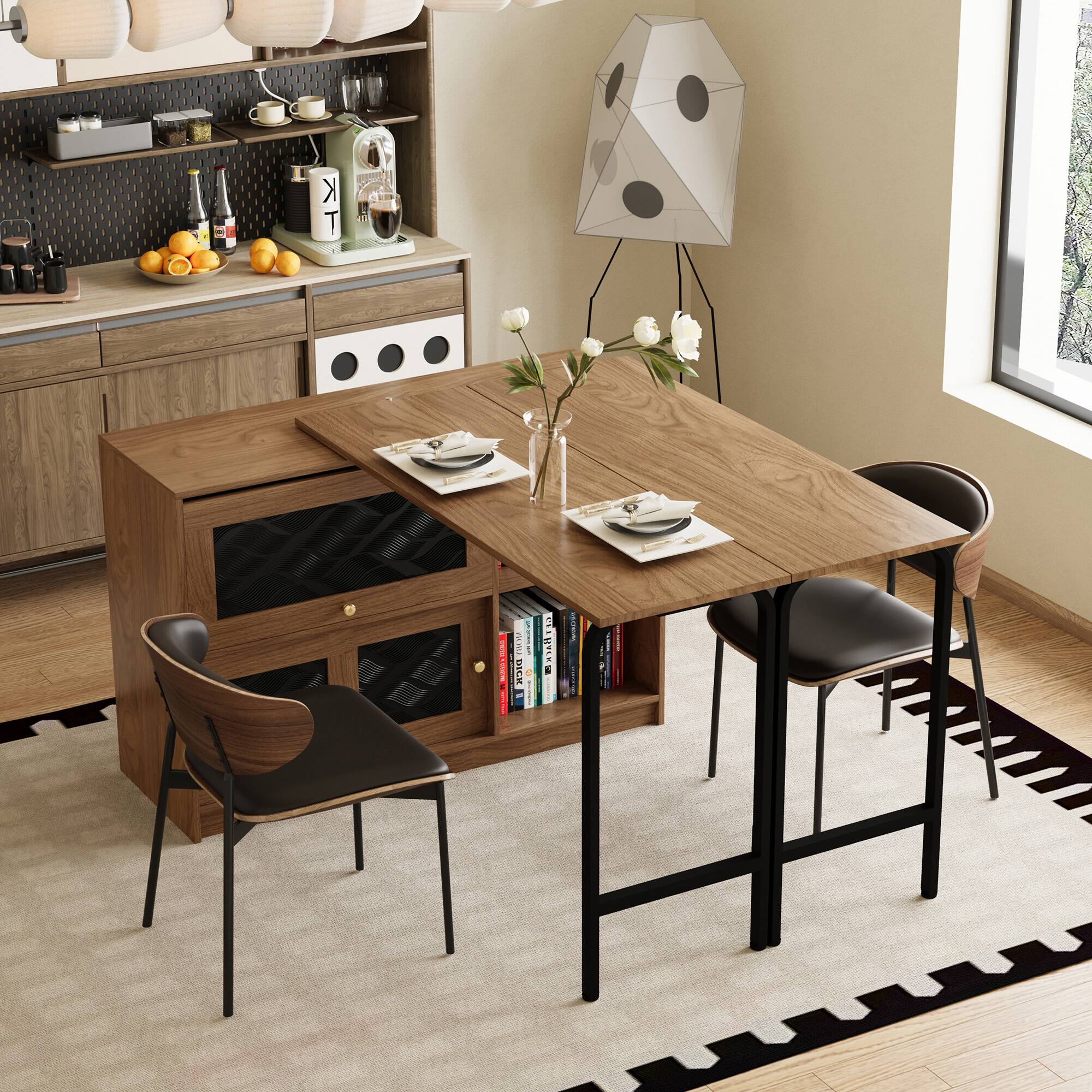 Left. luck idea - Multifunctional Expandable Sideboard, Convertible Dining Table for Living & Dining - Walnut Color.