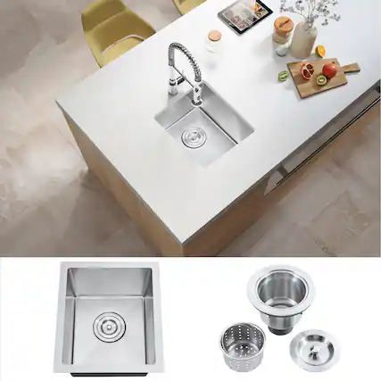Front. Akicon - Akicon 13 in. Undermount Single Bowl 20-Gauge Silver Nano Kitchen Sink with Basket Strainer - Silver.
