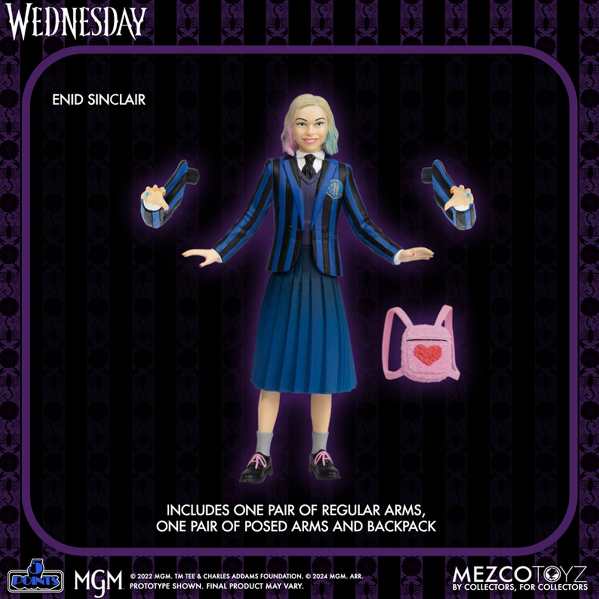 WEDNESDAY ENID SINCLAIR INCLUDES ONE PAIR OF REGULAR ARMS, ONE PAIR OF POSED ARMS AND BACKPACK C 2022 MGM. TM TEE & CHARLES ADDAMS FOUNDATION. 2024 MGM. AER DOINTS MGM PROTOTYPE SHOWN. FINAL PRODUCT MAY VARY. MEZCOTOYZ BY COLLECTORS, FOR COLLECTORS