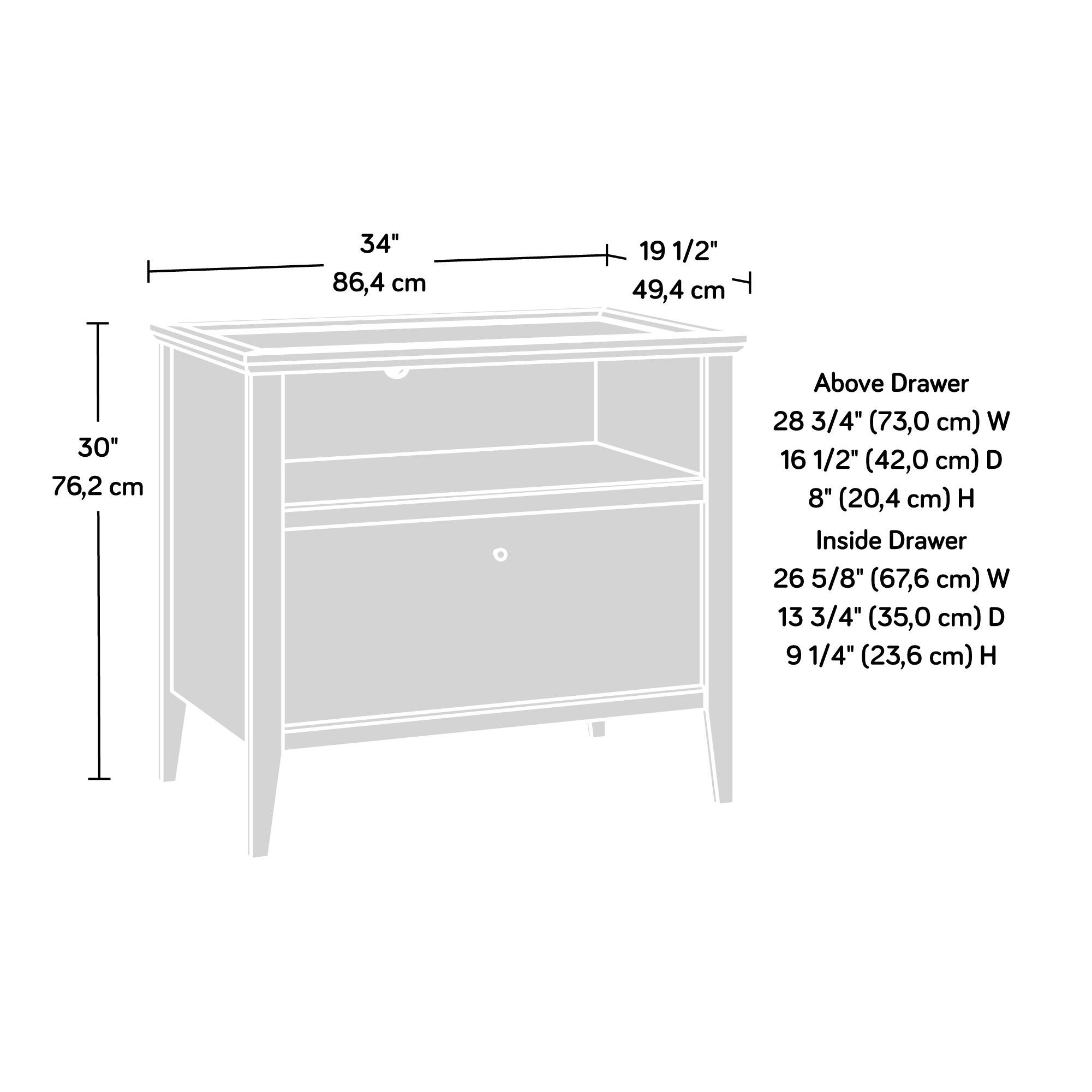 - Height: 30" (76.2 cm)
- Width: 34" (86.4 cm)
- Depth: 19 1/2" (49.4 cm)

Above Drawer:
- Width: 28 3/4" (73.0 cm)
- Depth: 16 1/2" (42.0 cm)
- Height: 8" (20.4 cm)

Inside Drawer:
- Width: 26 5/8" (67.6 cm)
- Depth: 13 3/4" (35.0 cm)
- Height: 9 1/4" (23.6 cm)