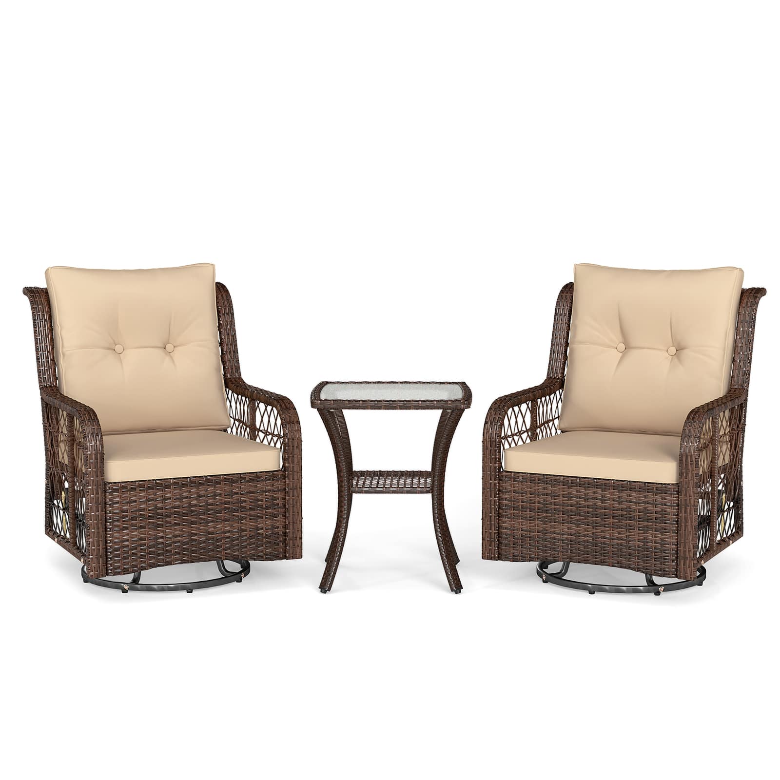 Gymax - Set Of 3 Patio Furniture w/ 2-Tier Side Table & Cushions for Porch Brown - Mix Brown, Brown