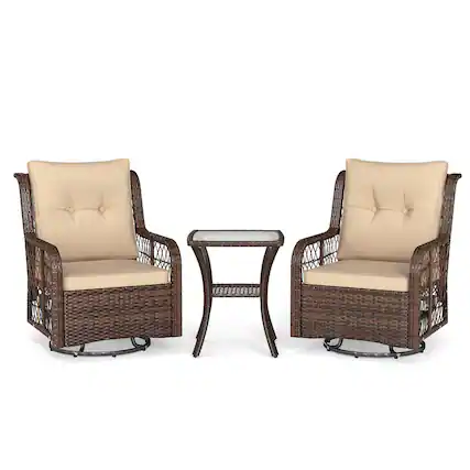 Front. Gymax - Gymax Set Of 3 Patio Furniture w/ 2-Tier Side Table & Cushions for Porch Brown - Mix Brown, Brown.