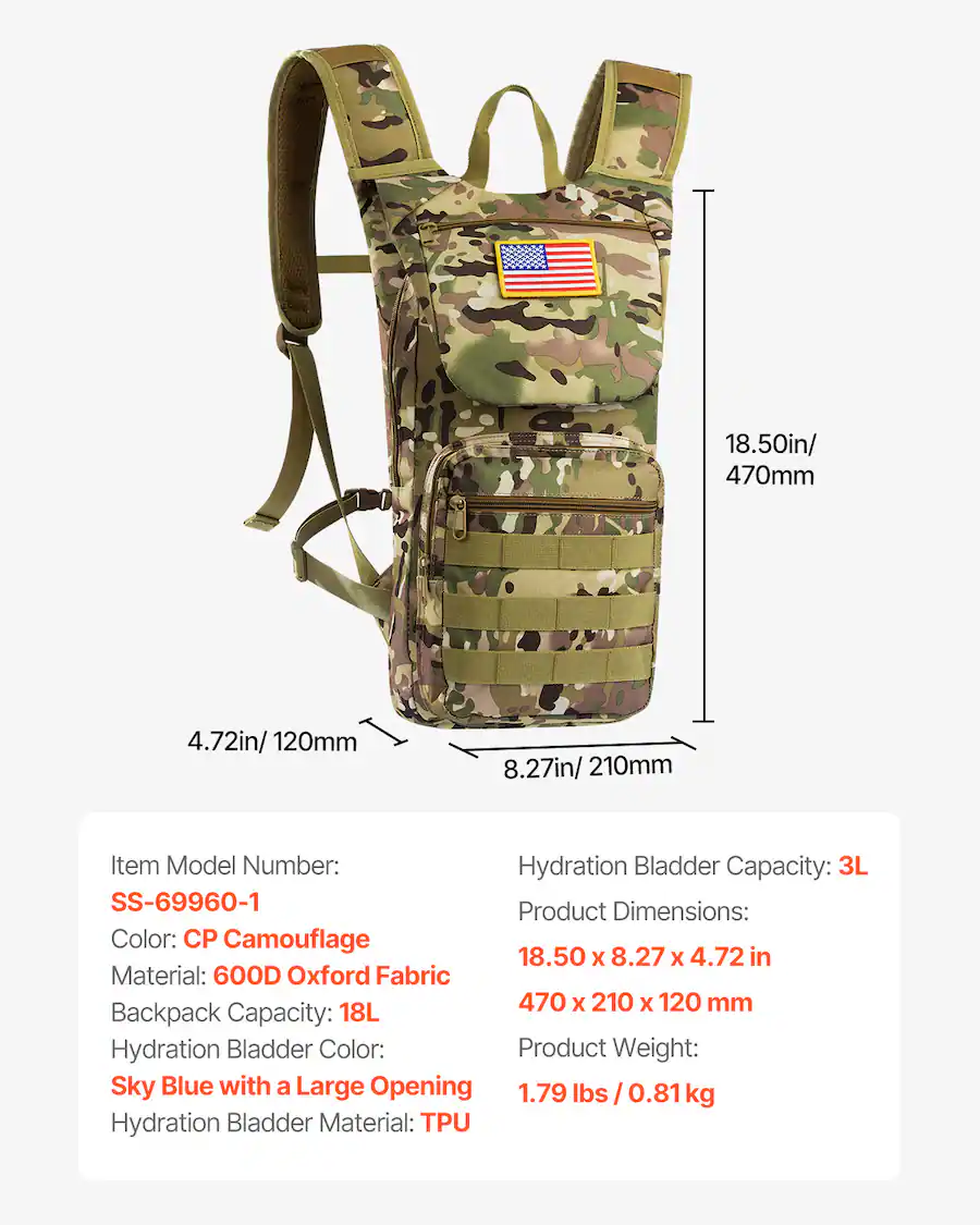 VEVOR Hydration Backpack, Water Backpack with 3L TPU Water Bladder ...