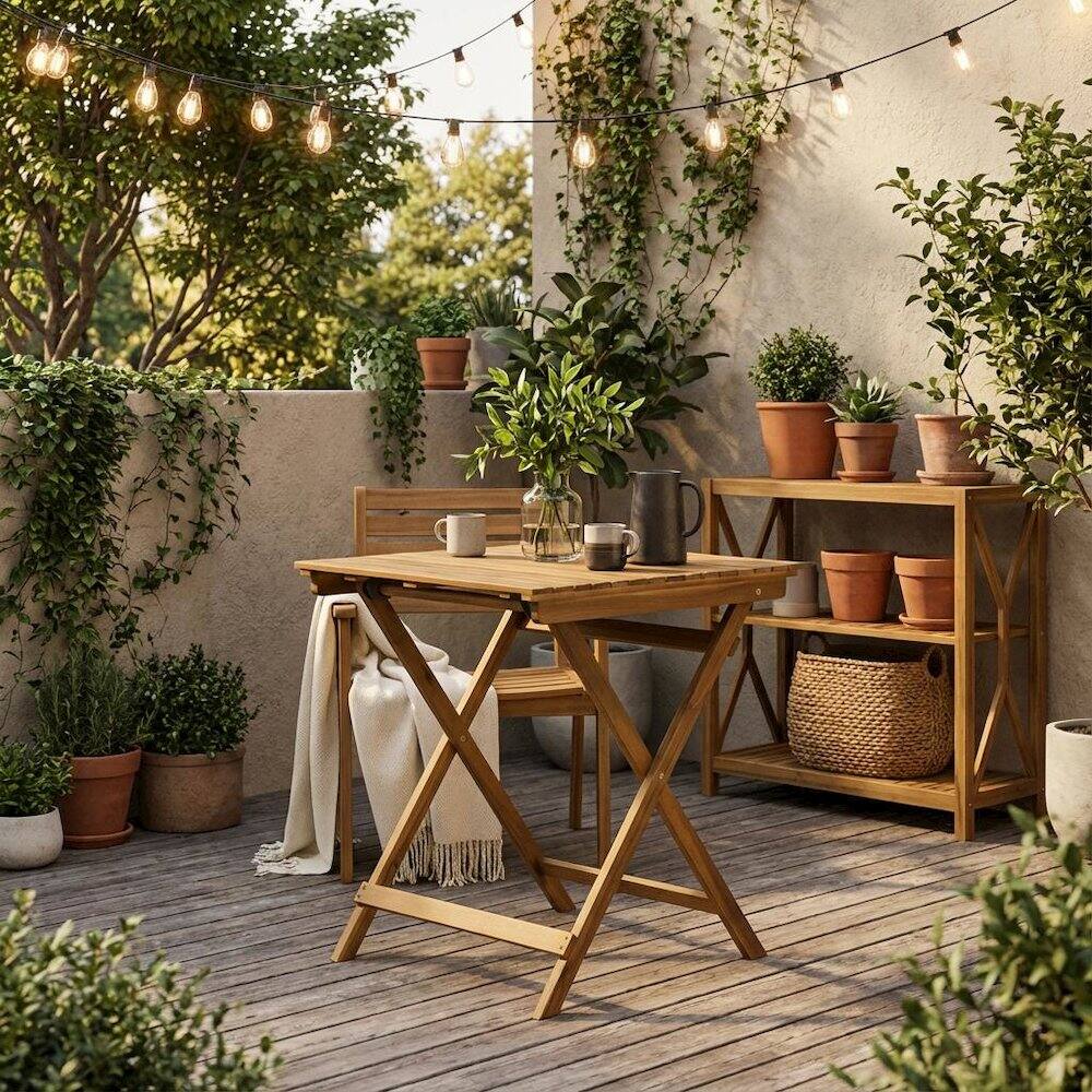 Alt View 3. Outdoor Escape - Oil-Finish 3-Piece Bistro Set with Acacia Coffee Table and Chairs - Brown.