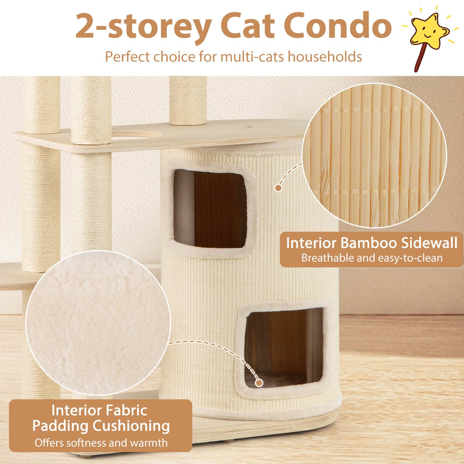 2-storey Cat Condo  
Perfect choice for multi-cats households  

Interior Bamboo Sidewall  
Breathable and easy-to-clean  

Interior Fabric Padding Cushioning  
Offers softness and warmth