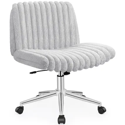 Front. KERDOM - Wide Seat Cross-Legged Vanity Chair, Armless Office Chair For Home Bedroom, Long Hair Fur Plush Desk Chair with Wheels - Grey.