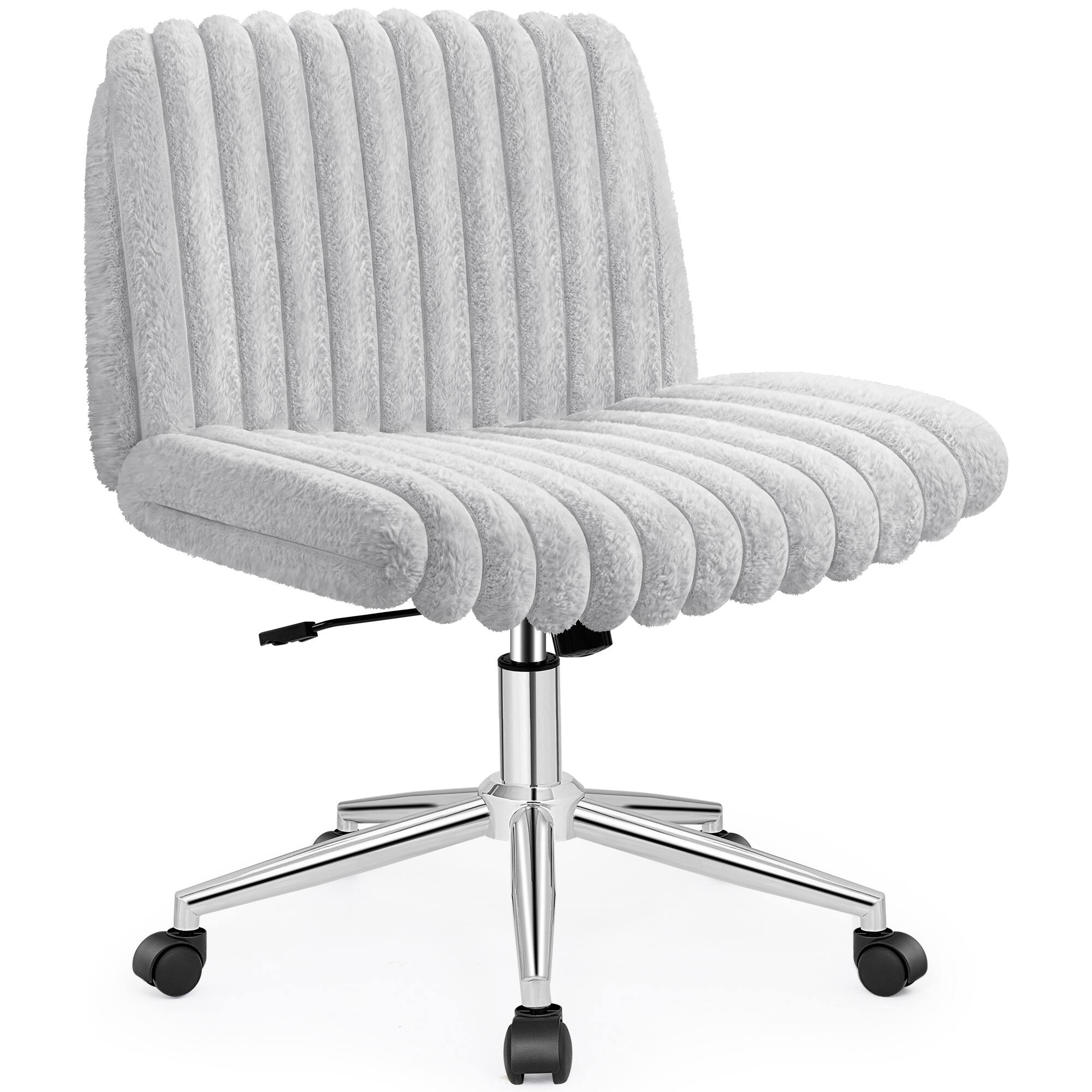 KERDOM - Wide Seat Cross-Legged Vanity Chair, Armless Office Chair For Home Bedroom, Long Hair Fur Plush Desk Chair with Wheels - Gray