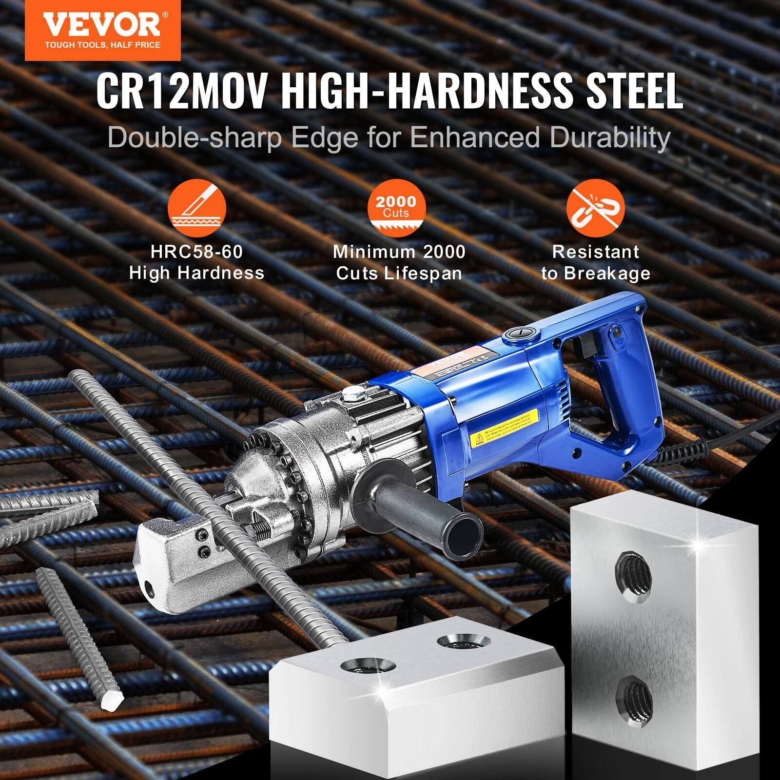 VEVOR TOUGH TOOLS, HALF PRICE

CR12MOV HIGH-HARDNESS STEEL  
Double-sharp Edge for Enhanced Durability

- HRC58-60 High Hardness
- Minimum 2000 Cuts Lifespan
- Resistant to Breakage