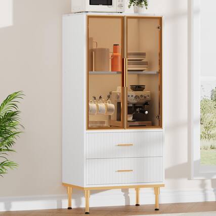 Front. Acekool - Pantry Cabinet, Freestanding Kitchen Storage Cabinet with Glass Door and 2 Drawers, Modern Kitchen Cupboard - White.