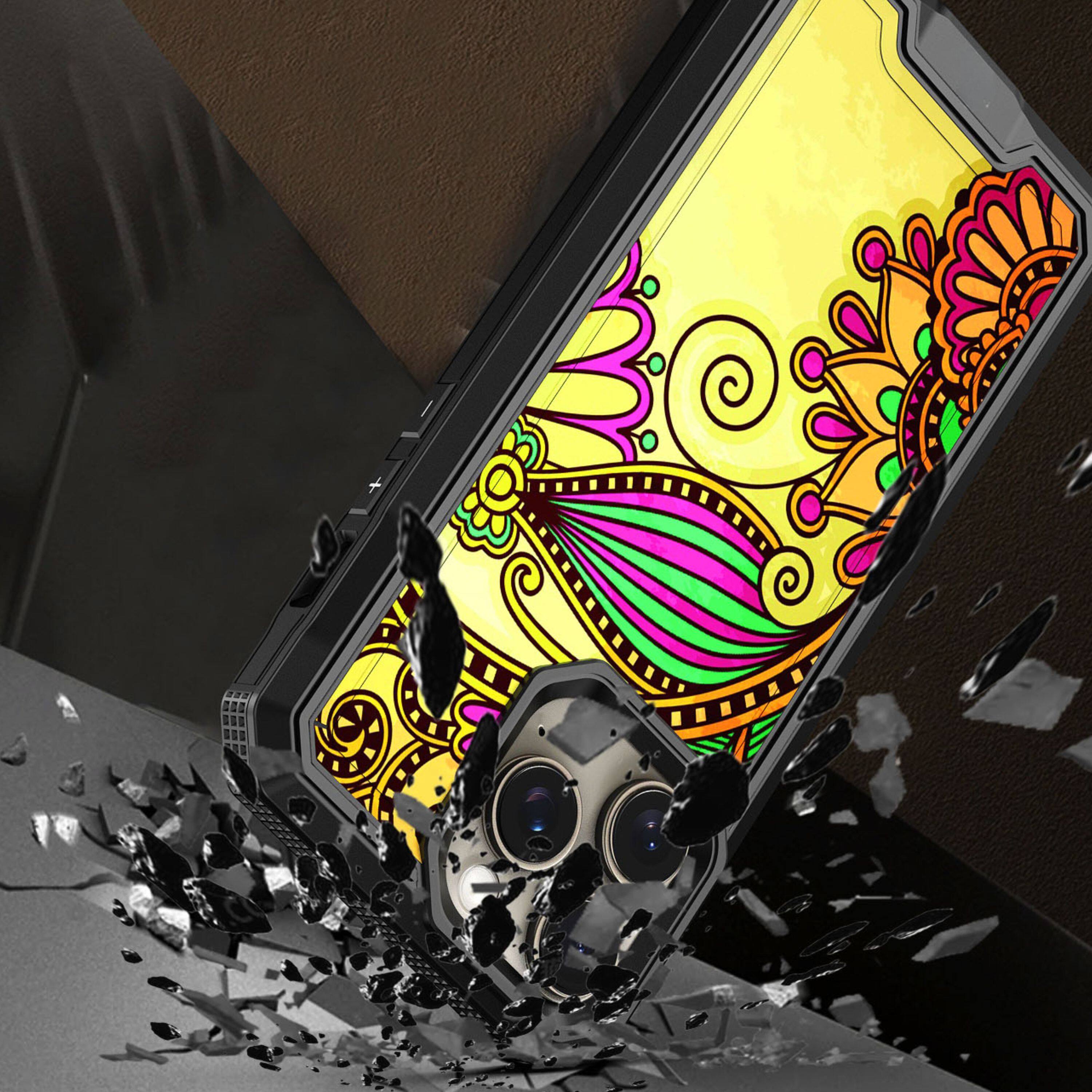Left. Kitcheniva - Printed Fused Hybrid Case With 2 Pcs Tempered Glass For iPhone 15 Pro Antique Flower - Multicolor.
