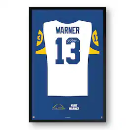 Sporticulture - Kurt Warner Los Angeles Rams Framed 14" x 20" Retired Jersey Art Print - Multicolor