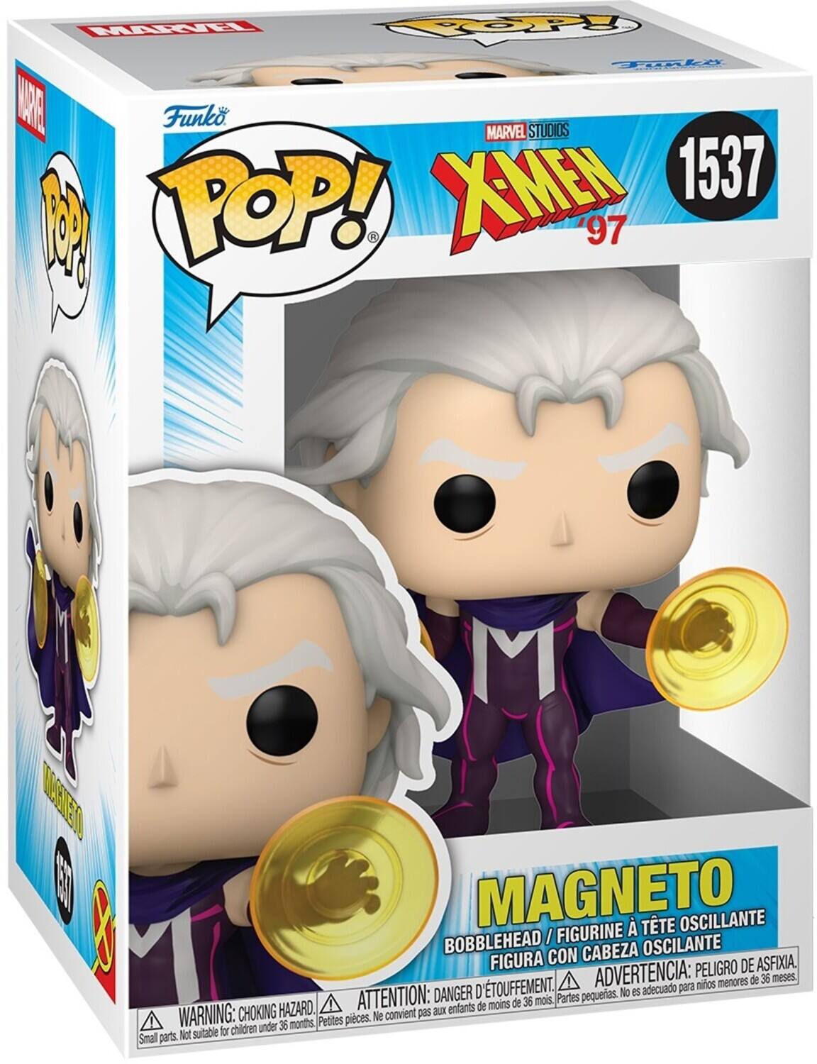 Sure, here is the corrected and grouped text from the image:

---

**MARVEL STUDIOS X-MEN '97**

**Funko POP!**

**1537**

**MAGNETO**

**BOBBLEHEAD / FIGURINE À TÊTE OSCILLANTE / FIGURA CON CABEZA OSCILANTE**

**WARNING: CHOKING HAZARD. Small parts. Not suitable for children under 36 months.**

**ATTENTION: DANGER D'ÉTOUFFEMENT. Petites pièces. Ne convient pas aux enfants de moins de 36 mois.**

**ADVERTENCIA: PELIGRO DE ASFIXIA. Piezas pequeñas. No es adecuado para niños menores de 36 meses.**

---

This text is organized to reflect the information on the packaging, including the character name, product details, and safety warnings.