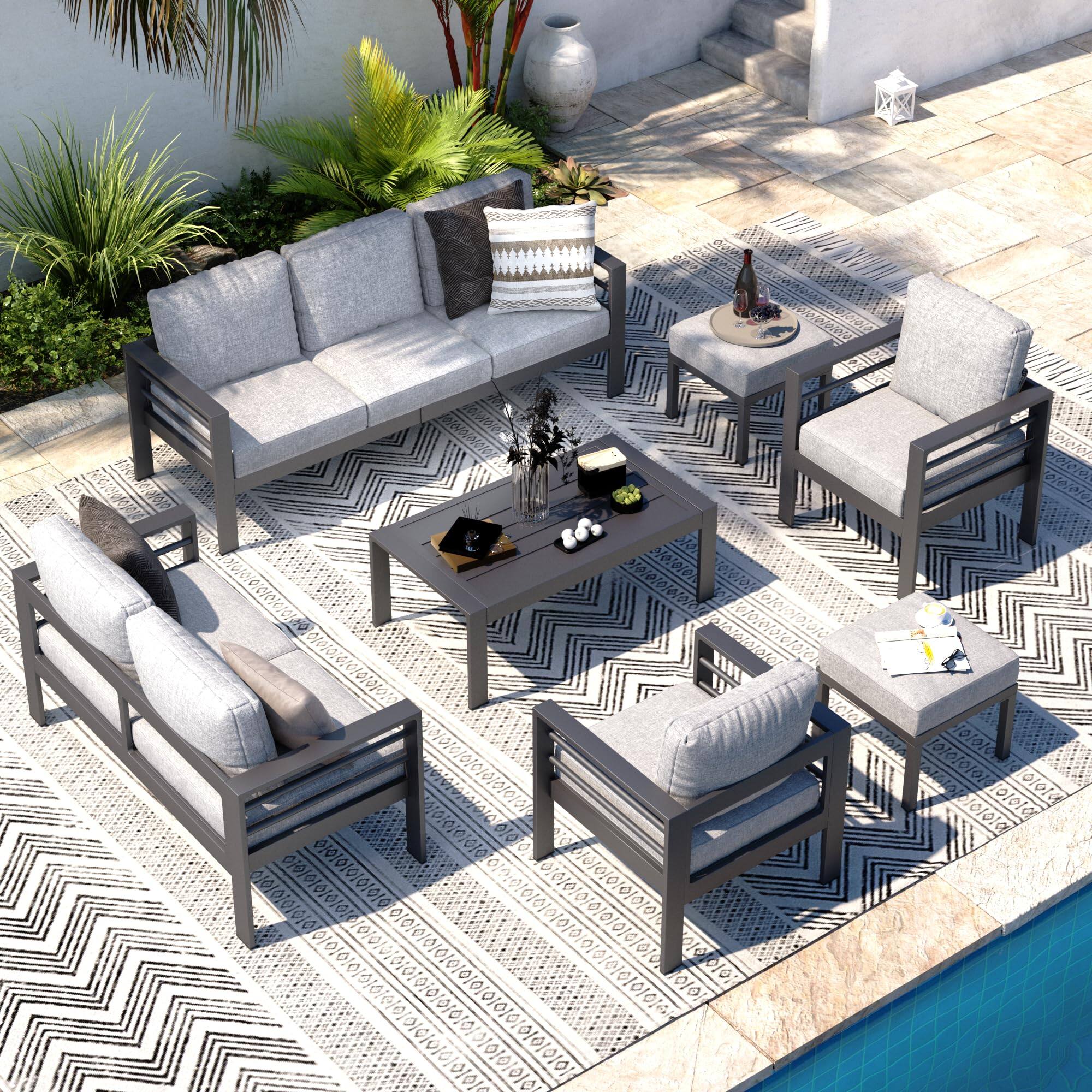 Mondawe - 7-Piece Patio Seating Set with Black Frame and Removable Cushions - Black+Grey
