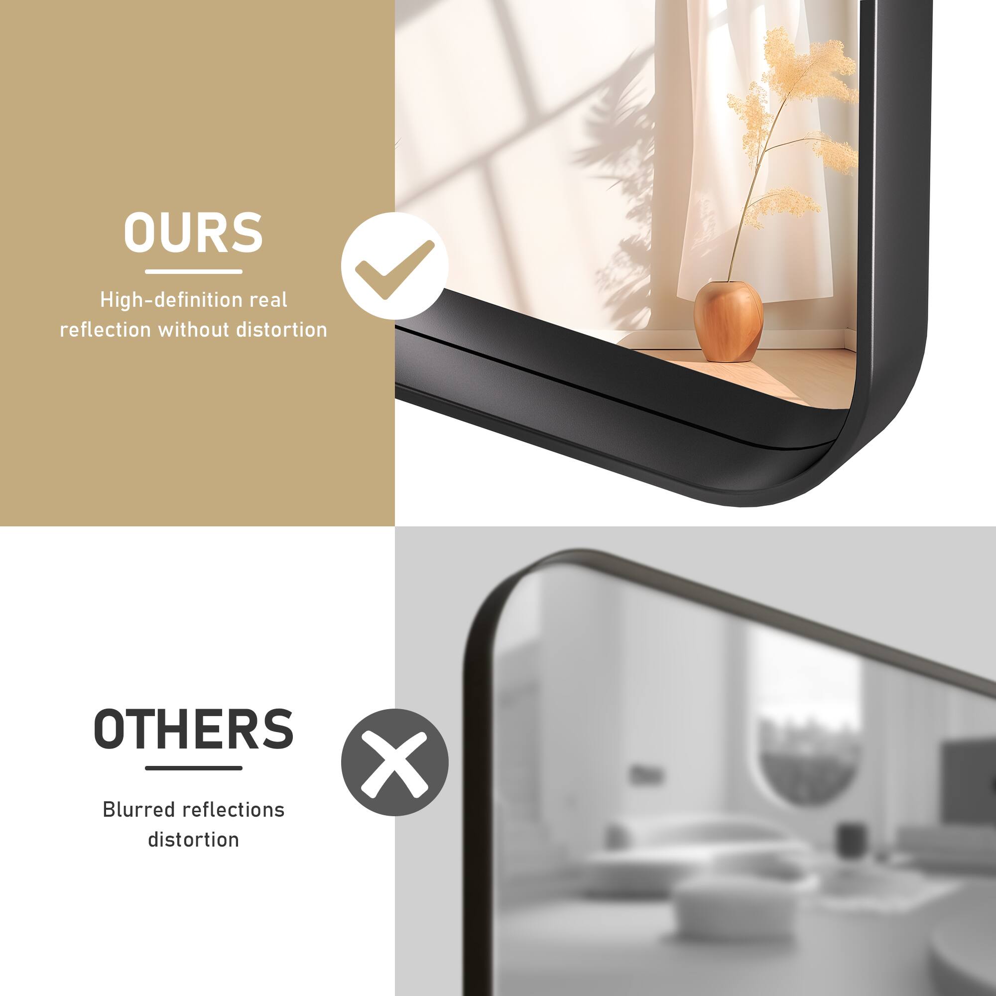 OURS  
High-definition real reflection without distortion  

OTHERS  
Blurred reflections distortion