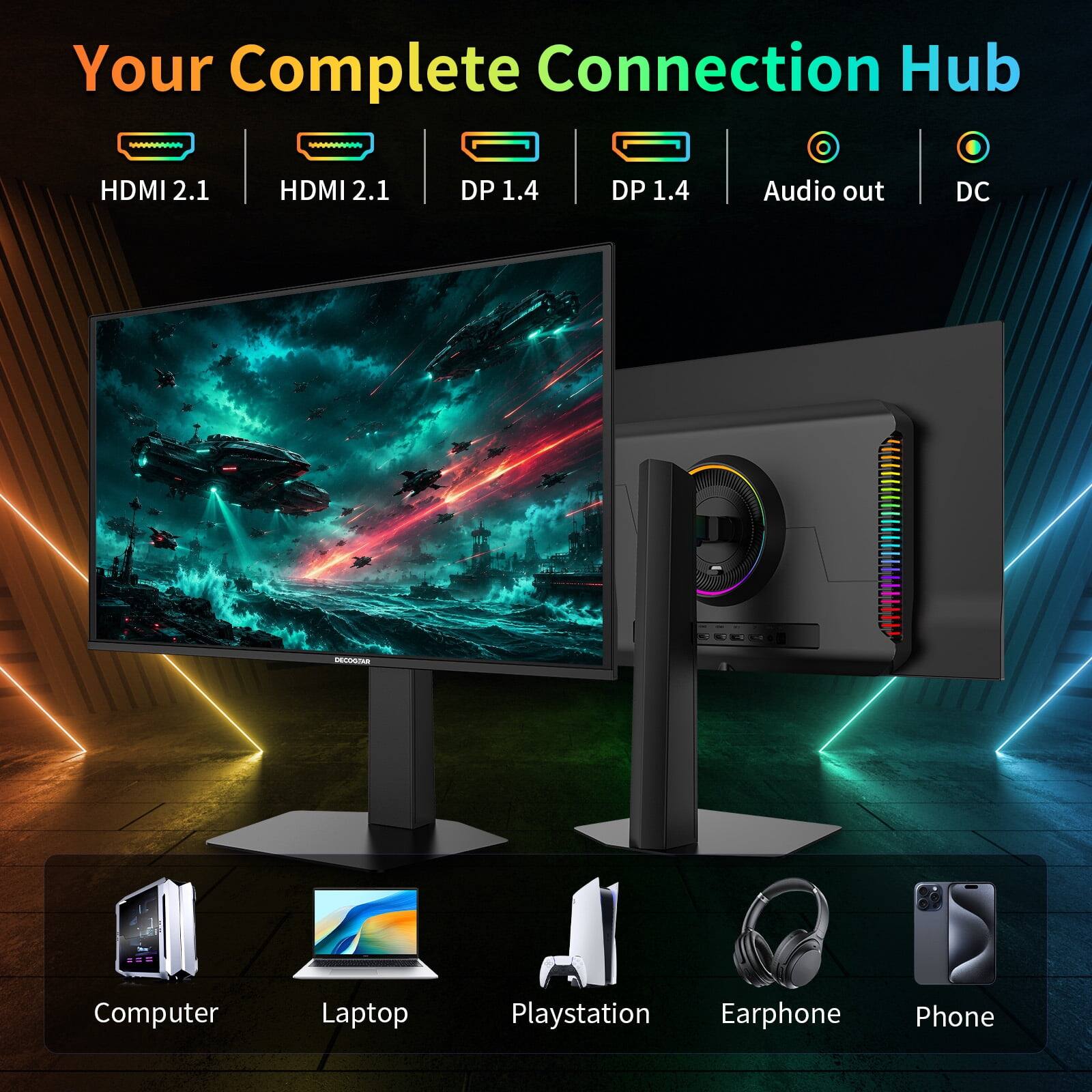 Your Complete Connection Hub

HDMI 2.1  
HDMI 2.1  
DP 1.4  
DP 1.4  
Audio out  
DC  

Computer  
Laptop  
Playstation  
Earphone  
Phone