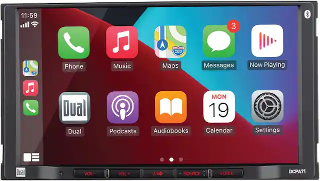 11:59
Phone Music Maps Messages Now Playing
Dual Podcasts Audiobooks Calendar Settings
VOL- VOL+ SOURCE VOICE
DCPA71
MON 19
3