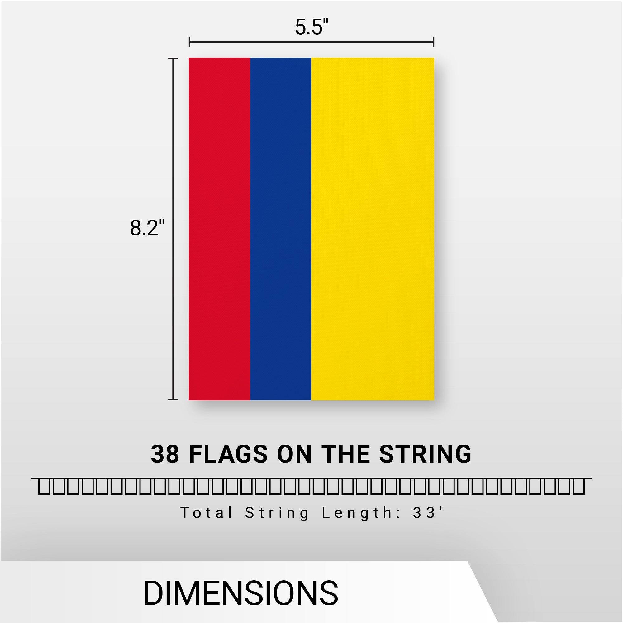 5.5" x 8.2"  
38 FLAGS ON THE STRING  
Total String Length: 33'  
DIMENSIONS